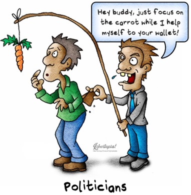vignetta intitolata Politicians. Uomo con aspetto ingenuo fissa una carota davanti a sé che pende da un bastone retto da uomo di aspetto losco che gli ruba il portafoglio. 