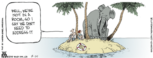 Vignetta: minuscola isola deserta con un elefante e due persone, con una che dice all’altra “Well, we’re not in a room, so I say we don’t need to address it”