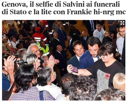 Genova, il selfie di Salvini ai funerali di Stato e la lite con Frankie hi-nrg mc