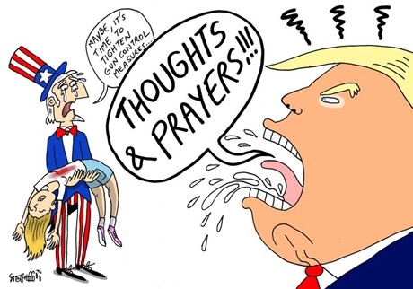 Vignetta americana: Uncle Sam regge tra le braccia un bambino ucciso da arma da fuoco. Si rivolge a Trump: “Maybe, it’ time to tighten gun control measures”. Trump infuriato reagisce urlando “THOUGHTS & PRAYERS!!!”