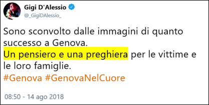 tweet di Gigi D’Alessio: Sono sconvolto dalle immagini di quanto successo a Genova. 