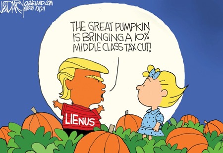 Trump mascherato da Linus (LIEnus) in un campo di zucche dice a Sally “The Great Pumpkin is bringing a 10% middle class tax cut!”