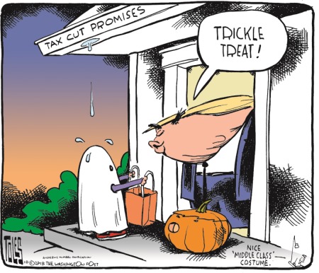 vignetta con un inquitante Trump che dice “TRICKLE TREAT” a bambino che gli chiede dolcetti per Halloween, mentre dal cornicione con la scritta “TAX CUT PROMISES” colano gocce di acqua