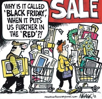 Vignetta: mentre spingono carrelli colmi di acquisti, marito chiede alla moglie “Why is it called ‘Black Friday’ when it puts us furhter in the ‘RED’?!”