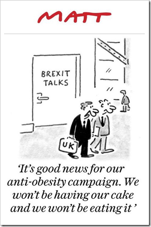 due negoziatori con valigette UK escono da porta con scritta BREXIT TALKS: “It’s good news for our anti-obesity campaign. We won’t be having our cake and we won’t be eating it”