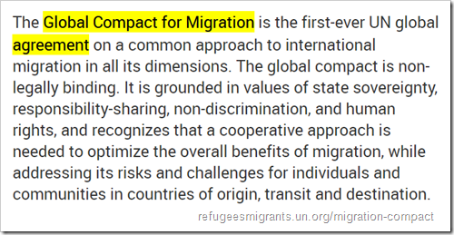 The Global Compact for Migration is the first-ever UN global agreement on a common approach to international migration in all its dimensions. The global compact is non-legally binding. It is grounded in values of state sovereignty, responsibility-sharing, non-discrimination, and human rights, and recognizes that a cooperative approach is needed to optimize the overall benefits of migration, while addressing its risks and challenges for individuals and communities in countries of origin, transit and destination.