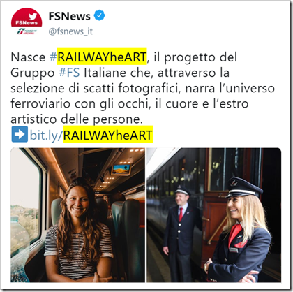 tweet di @fsnews_it: Nasce #RAILWAYheART, il progetto del Gruppo #FS Italiane che, attraverso la selezione di scatti fotografici, narra l’universo ferroviario con gli occhi, il cuore e l’estro artistico delle persone.