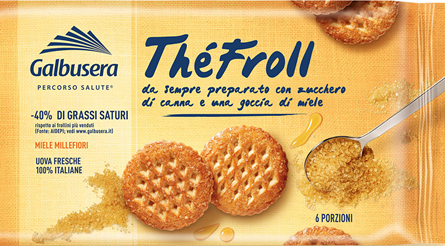 Confezione di biscotti Thé Froll Galbusera: “da sempre preparato con zucchero di canna e una goccia di miele”