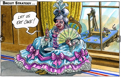 Theresa May vestita da Maria Antonietta dice Let us eat cake! (sullo sfondo una ghigliottina con la bandiera UE)  Didascalia: Brexit Strategy