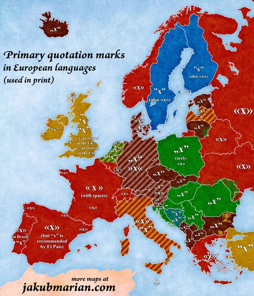 Primary quotation marks in European languages (used in print)