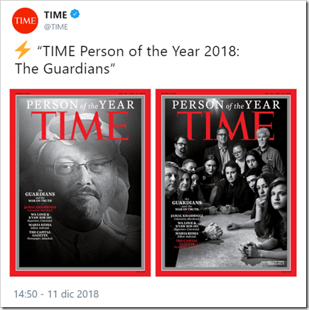 tweet di @TIME:  “TIME Person of the Year 2018: The Guardians”