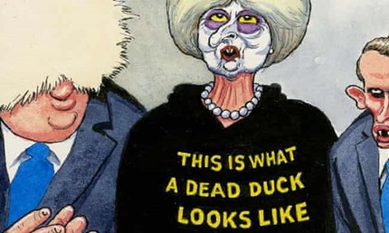 vignetta di Theresa May con aria spettrale e abito con la scritta THIS IS WHAT A DEAD DUCK LOOKS LIKE