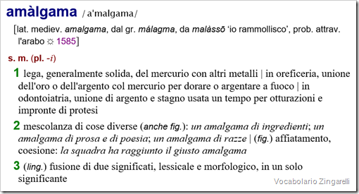 [lat. mediev. amalgama, dal gr. málagma, da malàssō ‘io rammollisco’, prob. attrav. l'arabo ☼ 1585]