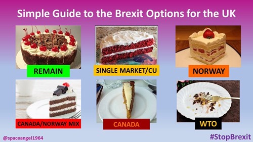 Diverse immagini di torte che illustrano Remain, Single Market, Norway, Canada-Norway mix, Canada, WTO