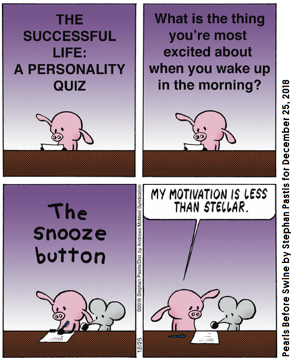 Striscia di Pearls Before Swine. Pig risponde al test “The successful life: a personality quiz”. Domanda: “What is the thing you are most excited about when you wake up in the morning?” Risposta: “The snooze button”.