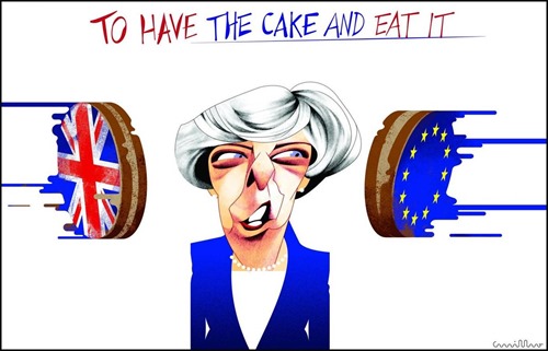immagine di due torte in volo, una con bandiera UK e una con bandiera UE, che stanno per finire in faccia a Theresa May