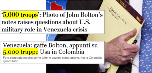 ‘5,000 troops’: Photo of John Bolton’s notes raises questions about U.S. military role in Venezuela crisis – Venezuela: gaffe Bolton, appunti su 5000 truppe Usa in Colombia