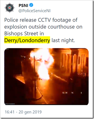 tweet Police Service Northern Ireland: Police release CCTV footage of explosion outside courthouse on Bishops Street in Derry/Londonderry last night