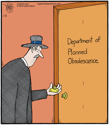 Vignetta: porta con cartello Department of Planned Obsolescence, uomo prova ad aprirla ma si ritrova la maniglia in mano
