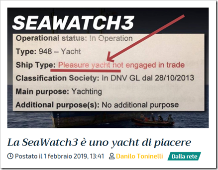 Sea Watch 3, type: 948 – Yacht; Ship Type: Pleasure yacht not engaged in trade; main purpose: yachting