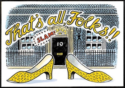 That’t all. folks vignetta delle scarpe leopardate di Theresa May davanti a 10 Downing Street)