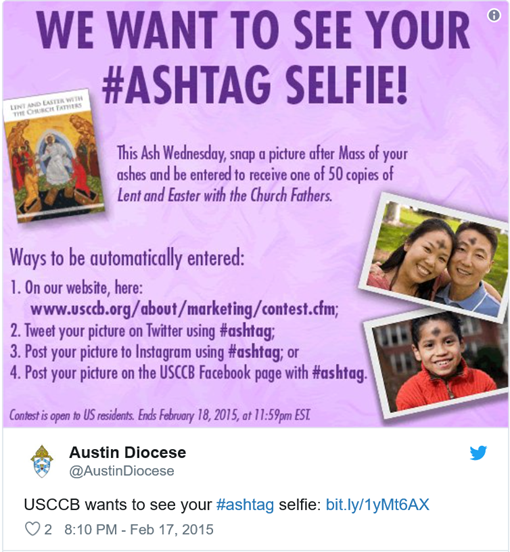 WE WANT TO SEE YOUR #ASHTAG SELFIE! This Ash Wednesday, snap a picture after Mass of your ashes and be entered to receive one fo 50 copies of “Lent and Easter with the Church Fathers”