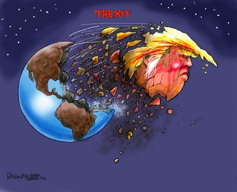 vignetta con il mondo che si autodistrugge perché scoppia un bubbone che ha la forma della testa di Trump