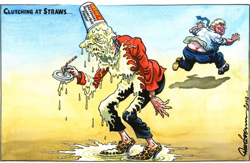 vignetta: Theresa May coperta di frappé lanciatole da Boris Johnson in fuga; in mano ha il coperchio con cannuccia. Didascalia: clutching at straws