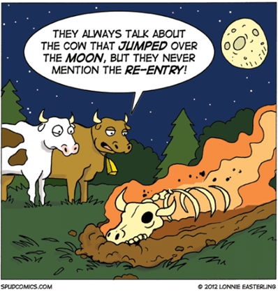 Due mucche che guardano scheletro di bovino avvolo dalle fiamme: “They alway talk about the cow that jumped over the moon, but they never mention the re-entry!”