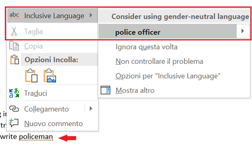 Esempio dell’opzione Inclusive Language nel menu di scelta rapita dell’interfaccia di Word 