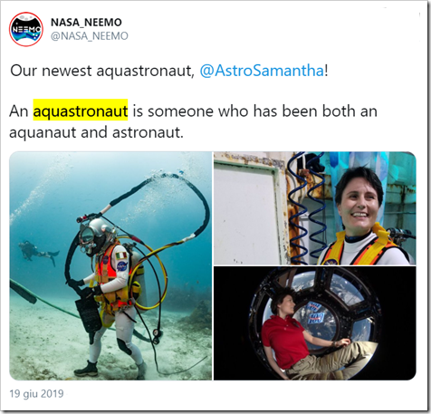tweet da NASA NEEMO: Our newest aquastronaut, @AstroSamantha! An aquastronaut is someone who has been both an aquanaut and astronaut