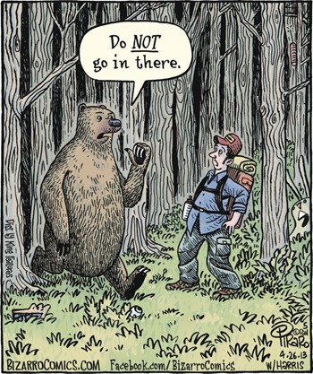 vignetta con orso che esce dal bosco, presumibilmente dopo aver fatto i suoi escrementi, e dice a un cacciatore di non entrare