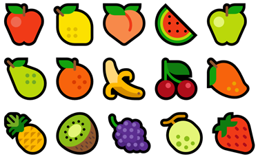 emoji di mela, limone, pesca, anguria, pera, arancia, banana, ciliegie, mango, ananas, kiwi, uva, melone, fragola