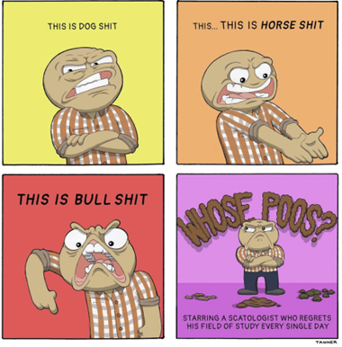 vignetta “Whose poos?” con esempi di uno “scatologist” alle prese con dog shit, horse shit e bull shit. 