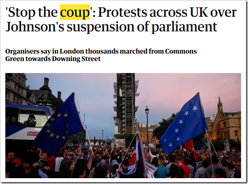 “Stop the coup”: Protests across UK over Johnson's suspension of parliament. Organisers say in London thousands marched from Commons Green towards Downing Street