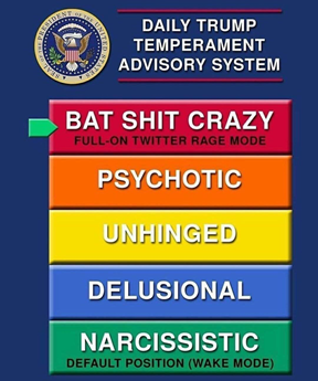 Daily Trump Temperament Advisory System: 1 Narcissistic 2 Delusional 3 Unhinged 4 Psychotic 5 Bat shit crazy (full-on Twitter rage mode)