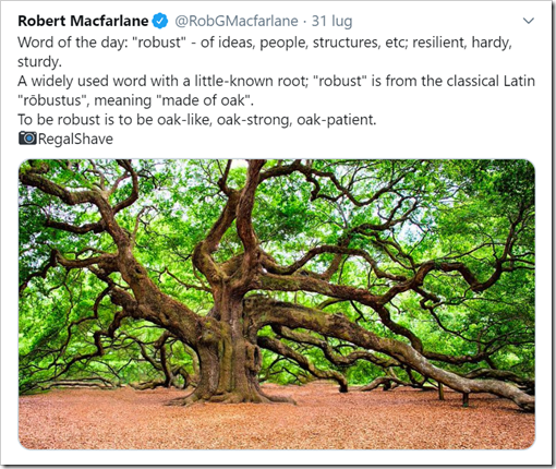 Word of the day: “robust” - of ideas, people, structures, etc; resilient, hardy, sturdy. A widely used word with a little-known root; “robust” is from the classical Latin “rōbustus”, meaning “made of oak”. To be robust is to be oak-like, oak-strong, oak-patient.