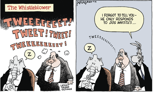 Vignetta intitolata The Whistleblower, con un uomo che soffia dal fischietto da cui esce il suono tweeeeeet tweet