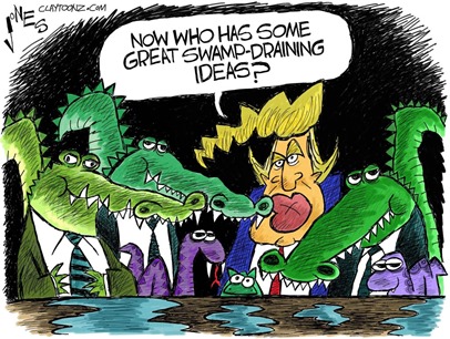 vignetta con Trump circondato da serpenti e alligatori in giacca e cravatta, “Now who has some great swamp-draining ideas?”