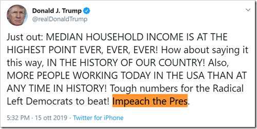 tweet di Trump: Just out: MEDIAN HOUSEHOLD INCOME IS AT THE HIGHEST POINT EVER, EVER, EVER! How about saying it this way, IN THE HISTORY OF OUR COUNTRY! Also, MORE PEOPLE WORKING TODAY IN THE USA THAN AT ANY TIME IN HISTORY! Tough numbers for the Radical Left Democrats to beat! Impeach the Pres.