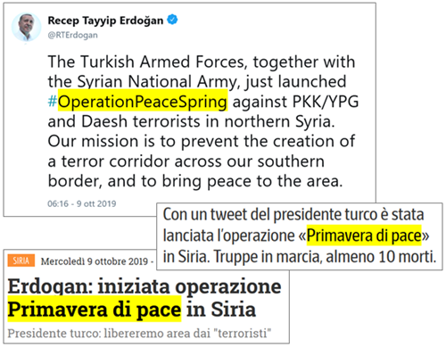 tweet del presidente turco Erdogan: The Turkish Armed Forces, together with the Syrian National Army, just launched #OperationPeaceSpring against PKK/YPG and Daesh terrorists in northern Syria. Our mission is to prevent the creation of a terror corridor across our southern border, and to bring peace to the area.