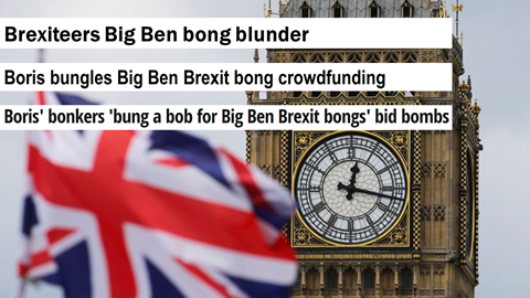 Titoli di media britannici: 1 Brexiteers Big Ben bong blunder; 2 Boris bungles Big Ben Brexit bong crowdfunding; 3 Boris’ bonkers ‘bung a bob for Big Ben Brexit bongs’ bid bombs
