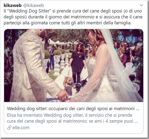 l “Wedding Dog Sitter”" si prende cura del cane degli sposi (o di uno degli sposi) durante il giorno del matrimonio e si assicura che il cane partecipi alla giornata come tutti gli altri membri della famiglia.