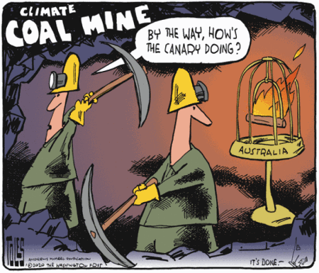 Vignetta intitolata “climate coal mine”. Ci sono due minatori al lavoro alle cui spalle c’è una gabbietta con etichetta Australia e il trespolo in fiamme. Uno dei minatori chiede all’altro: “By the way, how’s the canary doing?” 