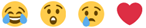 emoji di faccina che ride con le lacrime agli occhi, espressione sbalordita, occhio con lacrima e cuore
