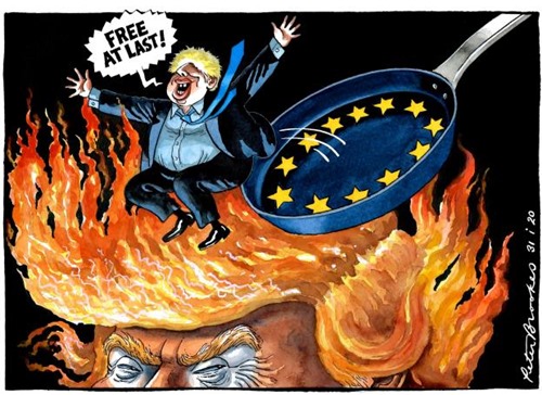 vignetta: Boris Johnson che urlando FREE AT LAST salta da una padella con la bandiera europea nella testa di Donald Trump rappresentato con i capelli in fiamme