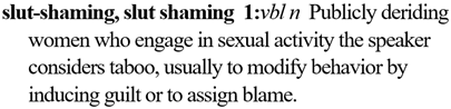 slut shaming: publicly deriding women who engage in sexual activity the speaker considers taboo, usually to modify behavior by inducing guilt or to assign blame 