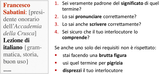 1 Sei veramente padrone del significato di quel termine? 2 Lo sai pronunciare correttamente? 3 Lo sai anche scrivere correttamente? 4 Sei sicuro che il tuo interlocutore lo comprende? Quando anche uno solo di questi requisiti non è rispettato, vuol dire che:  stai facendo una brutta figura oppure usi quel termine per pigrizia oppure disprezzi il tuo interlocutore 