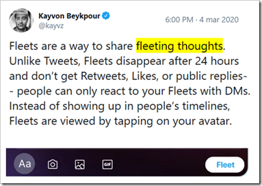 tweet di Kayvon Beykpour, responsabile di prodotto di Twitter: Fleets are a way to share fleeting thoughts. Unlike Tweets, Fleets disappear after 24 hours and don’t get Retweets, Likes, or public replies-- people can only react to your Fleets with DMs. Instead of showing up in people’s timelines, Fleets are viewed by tapping on your avatar.