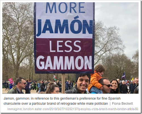 foto di protesta anti Brexit con cartello MORE JAMON LESS GAMMON